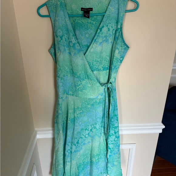 Y2K New York & Co Size 4 100% Cotton Green and Blue Ombré Floral Midi Wrap Dress - Picture 3 of 5